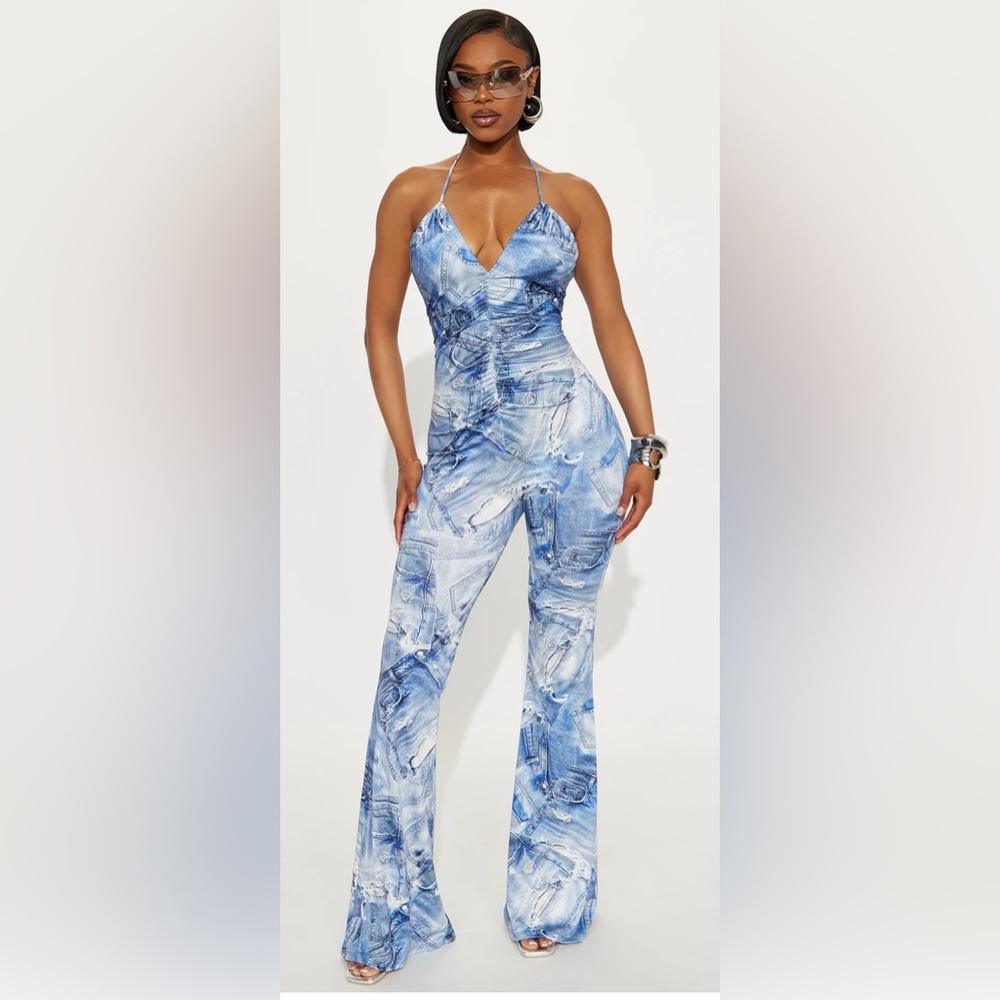 Fashion Nova Blue and White Halter Jumpsuit